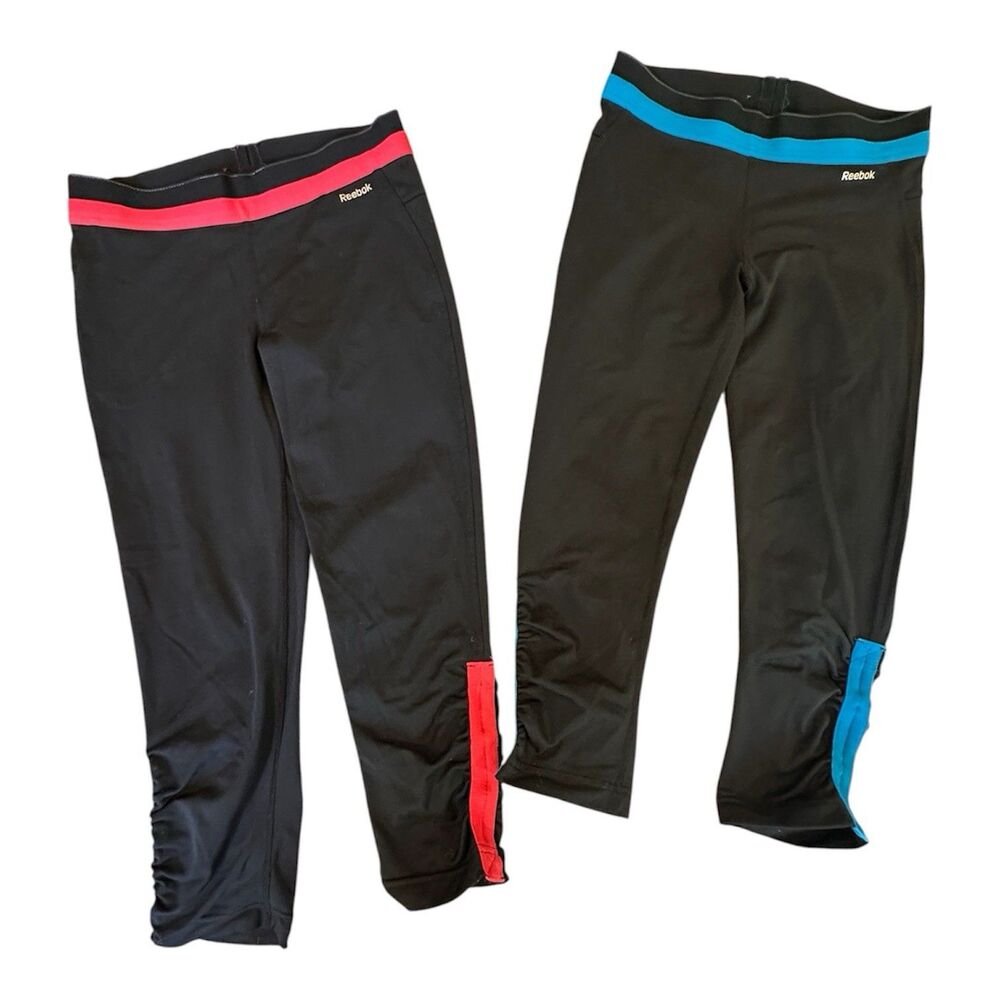 Vintage Reebok Cropped Leggings Lot of 2 Medium Black Pink Blue Capris Y2K
